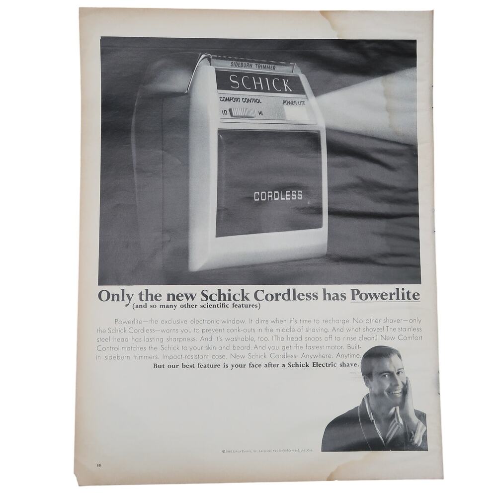 Schick Cordless Razor Shaver Magazine Advertisement B&W 1965 Vintage Powerlite